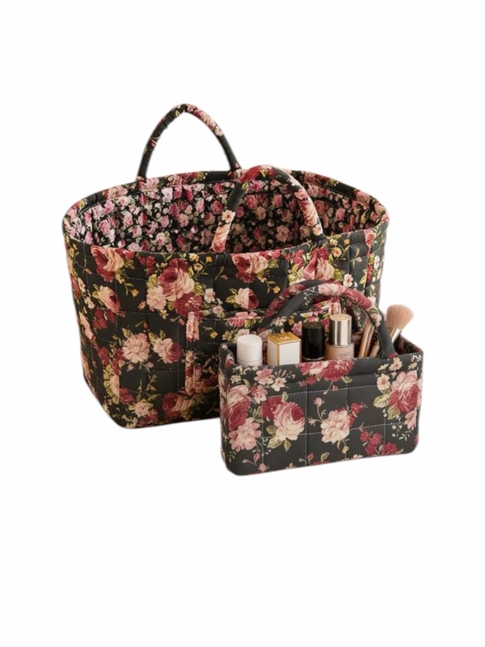 Floral Quilted 2-Piece Matching Large and Small 2-Piece Tote Set -Black Rose New